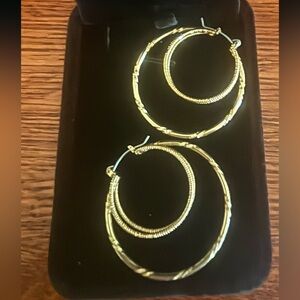 Gold Tone Double Hoop Layered Earrings | Textured Hoop Dangle Style